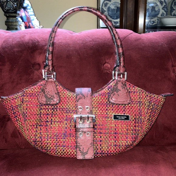 kate spade Handbags - Kate Spade Rare tweed/snake print leather hobo w/buckle closure EUC